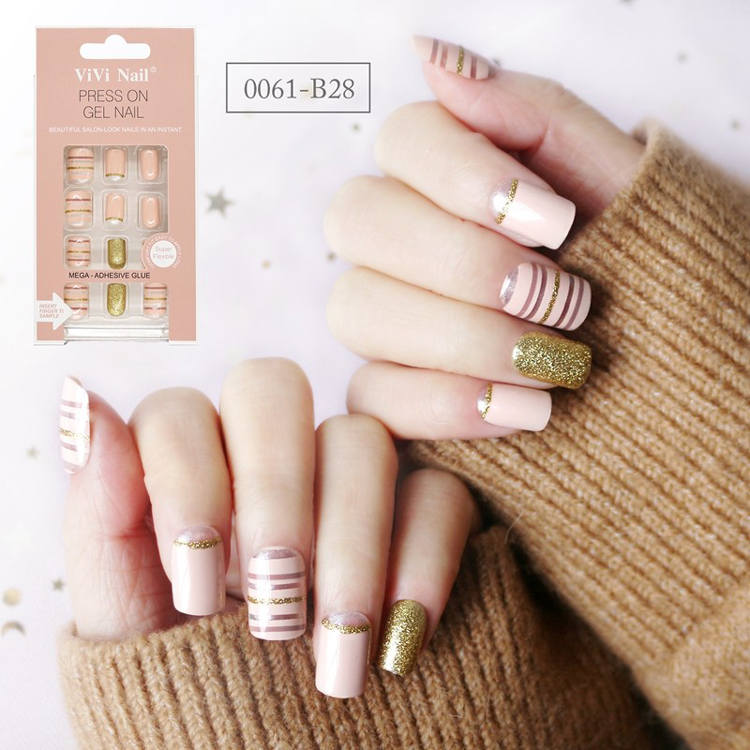 Square Shape Nail Red Strip Nude With Gold Glitter Press On Nail