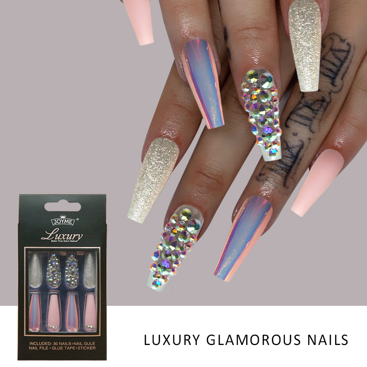 Long Coffin Nail With Big Stone&glitter&hologram Nail